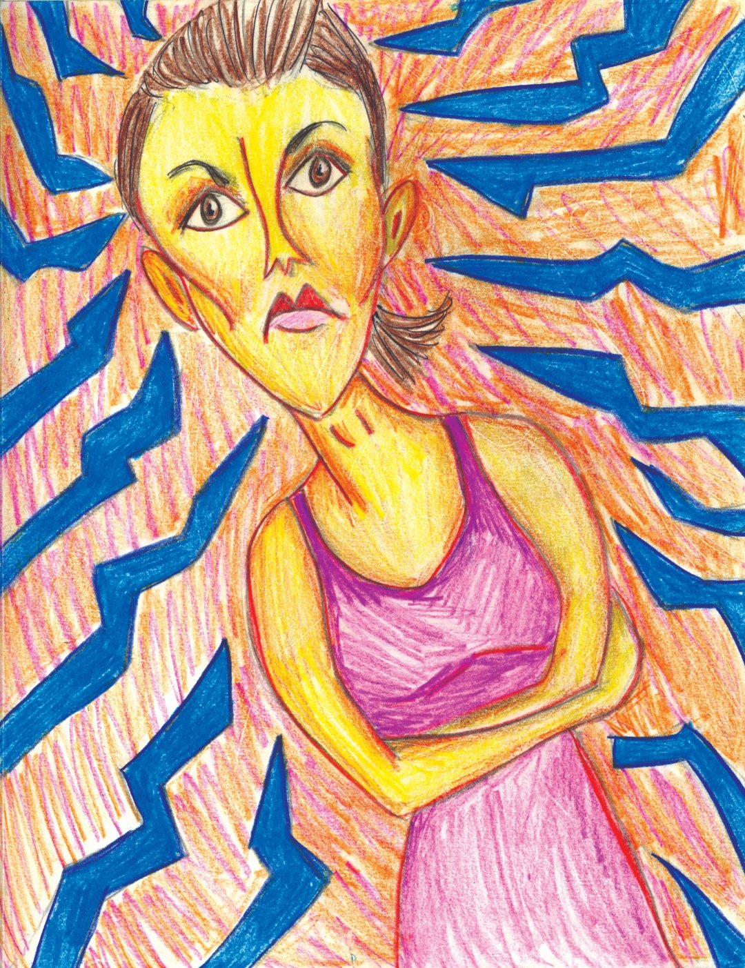 Upcoming show artwork with pink figure and blue marks