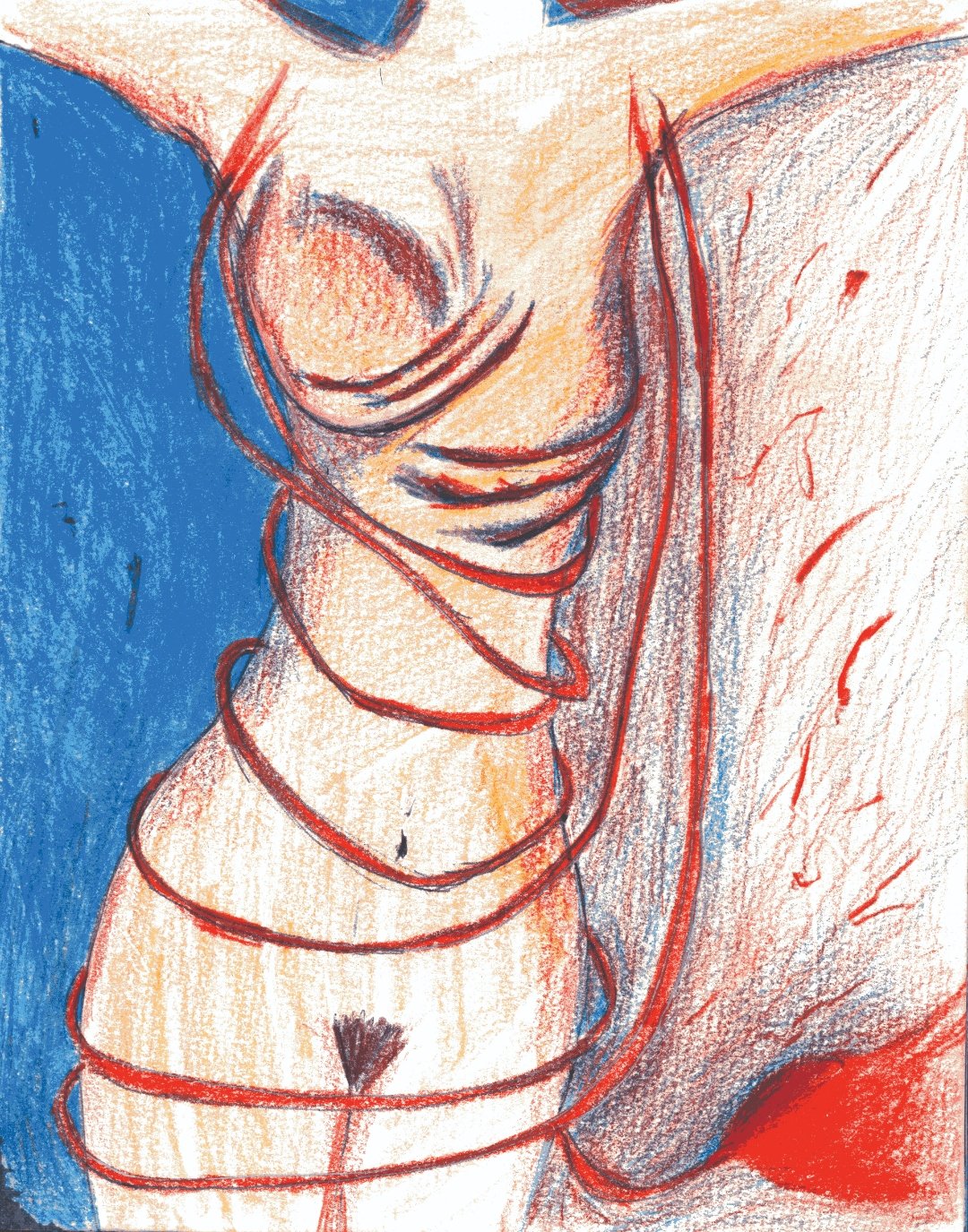 Upcoming show artwork with blue and red figure drawing